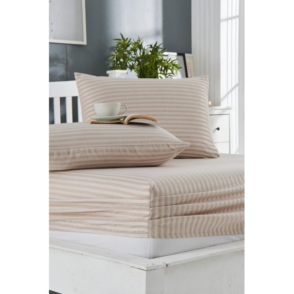Комплект от чаршаф с ластик  90/200 и калъфка от ранфорс памук Stripe Beige 