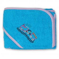 Мека хавлия с качулка за бебе от памук 500гр./кв.м. - Тrain Blue