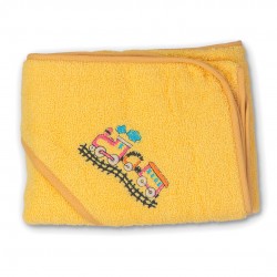 Цветна бебешка хавлия с качулка от памук 500гр./кв.м. - Тrain Yellow 2