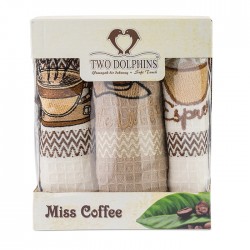 Комплект от 3 броя кърпи с модел на вафлички и апликация - 100% Памук - Coffee