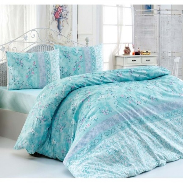 Елегантен спален комплект - 100% Памук - Aqua Floral
