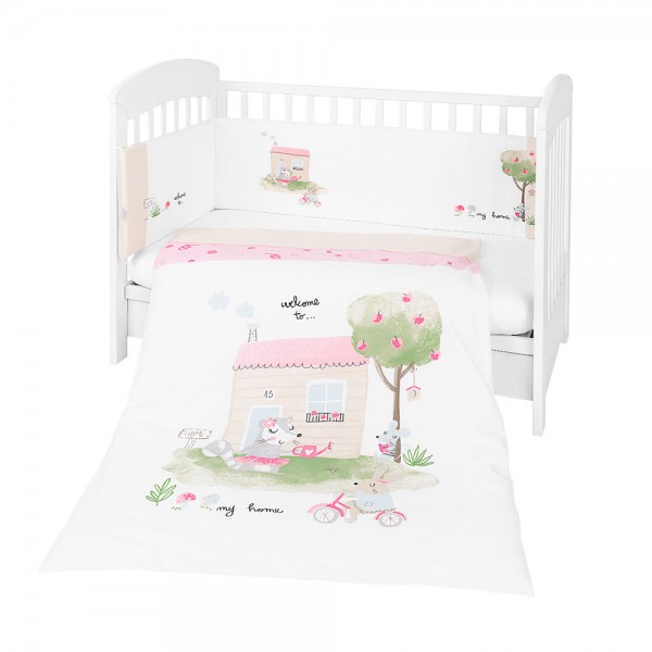 Бебешко спално бельо My Home от памук ранфорс с обиколник, 3 части, 60x120 см – Pink