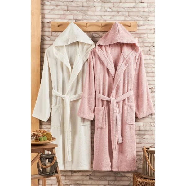 Комплект от два броя луксозни памучни халати за хотели/спа Pink/White Комплект от два броя луксозни памучни халати за хотели/спа Pink/White